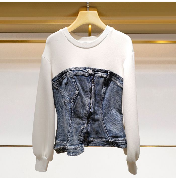 Design inspired top, fashionable and age reducing denim patchwork hoodie, women's fashion trend