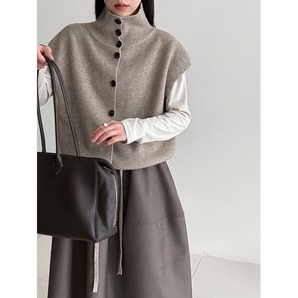 Layered High-neck Knit Vest for Women Spring Drawstring Waist Slim Fit Versatile Sweater Vest