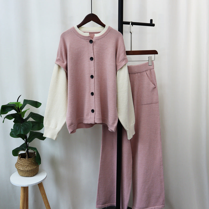 Detachable sleeve knitted cardigan, woolen pants, loose contrasting sweater set for women's fashion