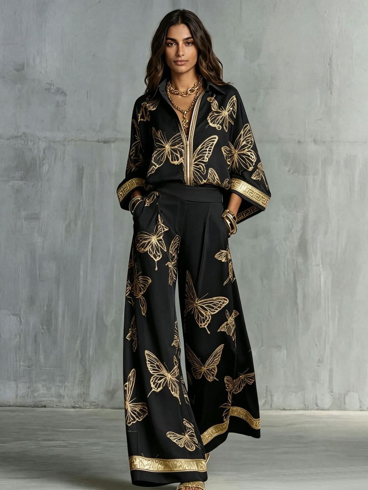Style Women's Retro Printed Sexy Deep V Neck Loose Zipper Top with Wide Leg Pants Two-Piece Set