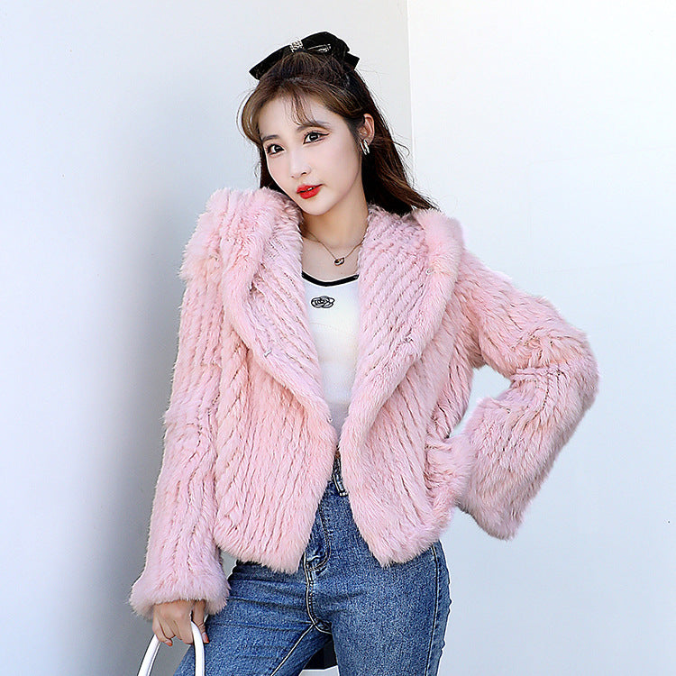 Autumn Winter Women Real Rabbit Fur Coat 100% Natural Fur Jacket Loose Manual Weave Quality Streetwear Hooded Flare Sleeves New