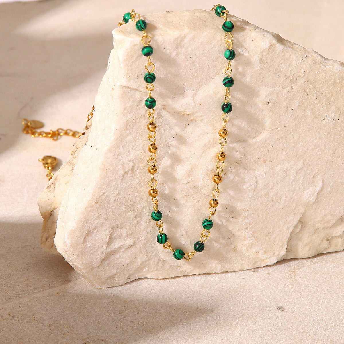Fashionable INS style necklace with 18K gold small round beads, stainless steel necklace, green turquoise round beads, retro necklace for women