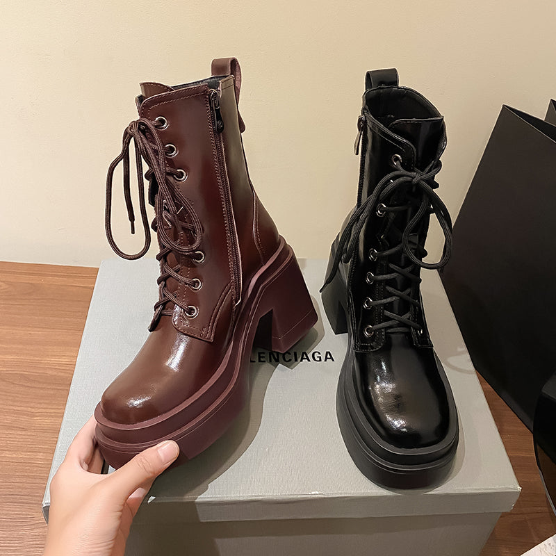 Thick-Soled Martin Boots Women's Leather Single Boots New Winter High-Heeled Thick-Heeled Short Boots