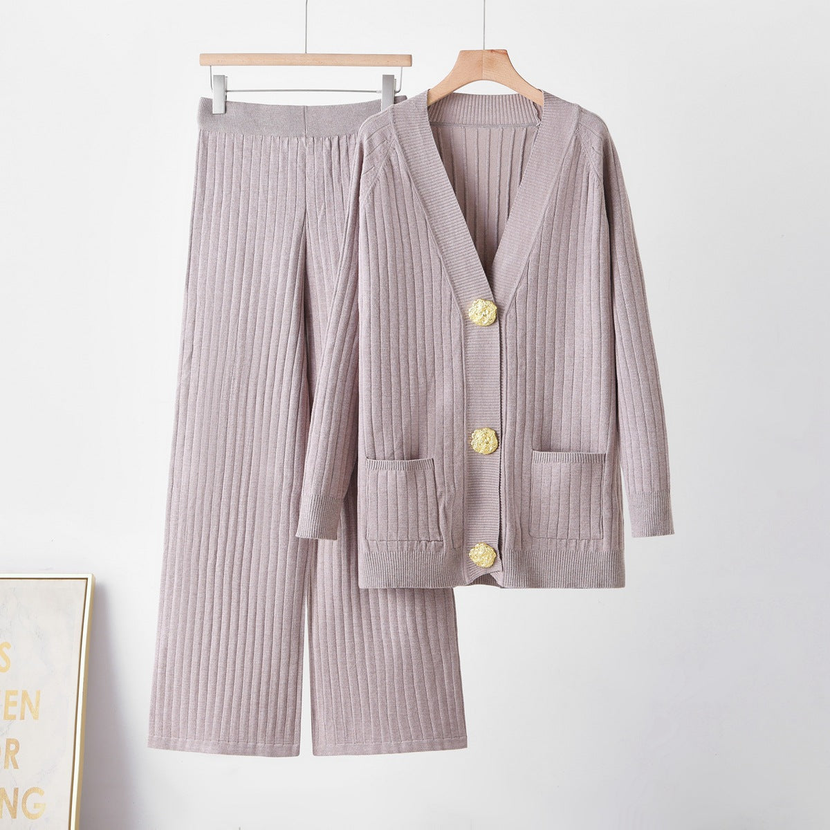 Metal button cardigan sweater wide leg pants set