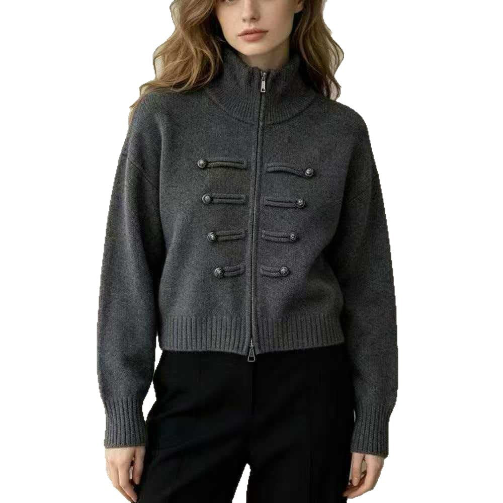 Stand Collar Double Zipper Short Length Long Sleeve Knit Women Sweater Thickened Short Jacket