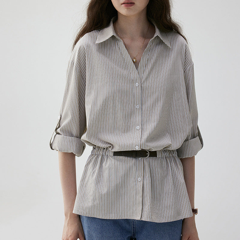 V-neck Slim Fit Striped Loose Shirt for Women, Elegant Office Wear Top