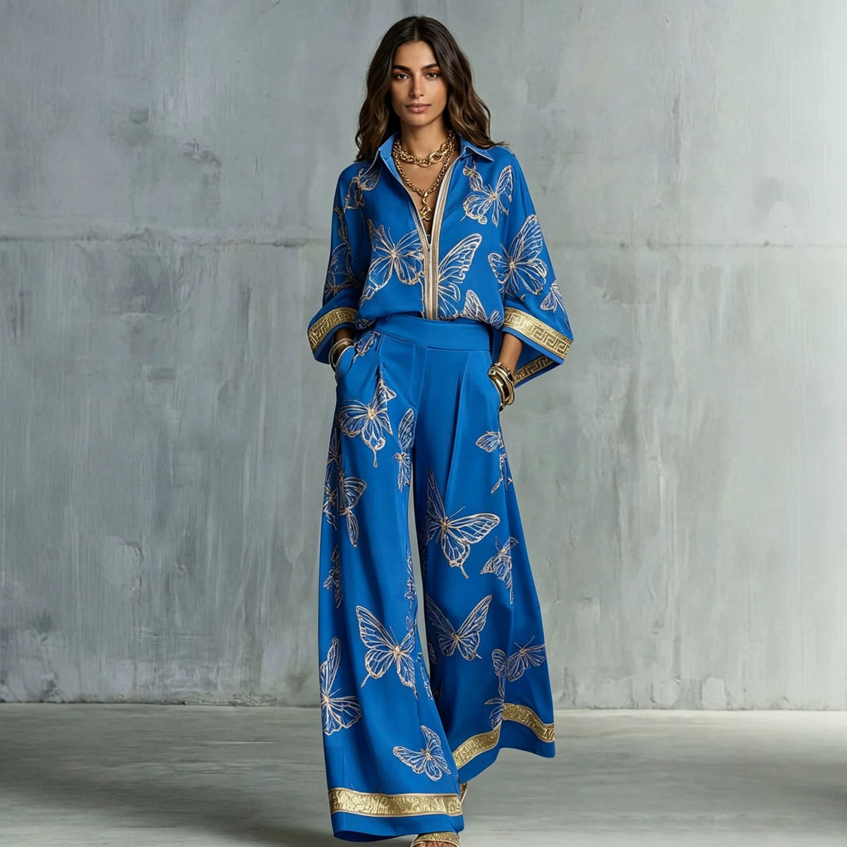 Style Women's Retro Printed Sexy Deep V Neck Loose Zipper Top with Wide Leg Pants Two-Piece Set