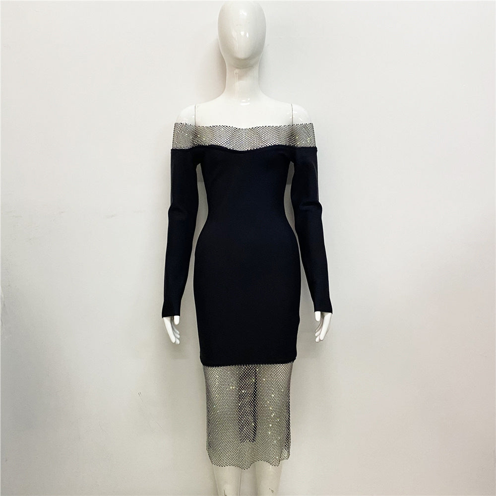 Evening dress with rhinestones, long sleeves, and an off-the-shoulder neckline.