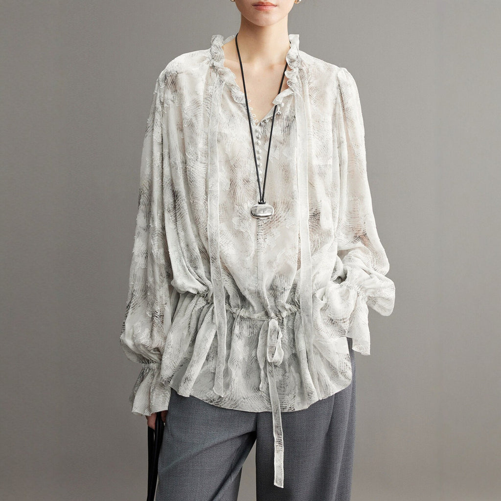 Fashionable Spring Summer Floral Print Ruffled V-Neck Tie Waist Blouse