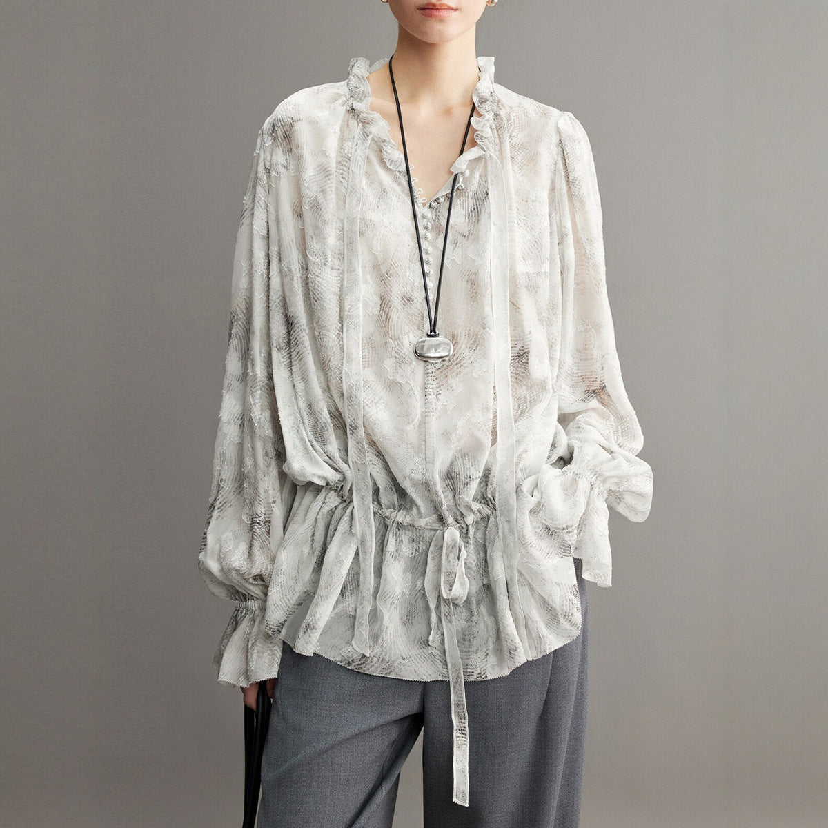 Fashionable Spring Summer Floral Print Ruffled V-Neck Tie Waist Blouse