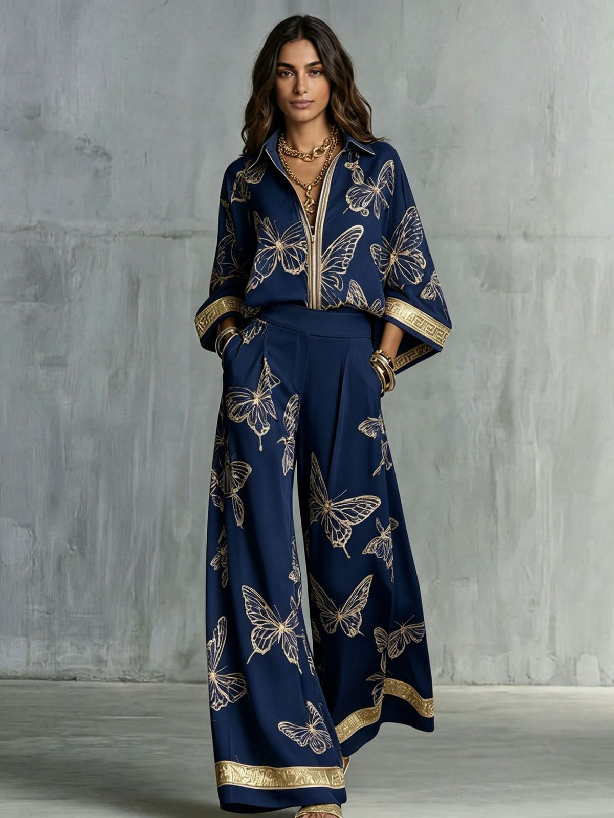Style Women's Retro Printed Sexy Deep V Neck Loose Zipper Top with Wide Leg Pants Two-Piece Set