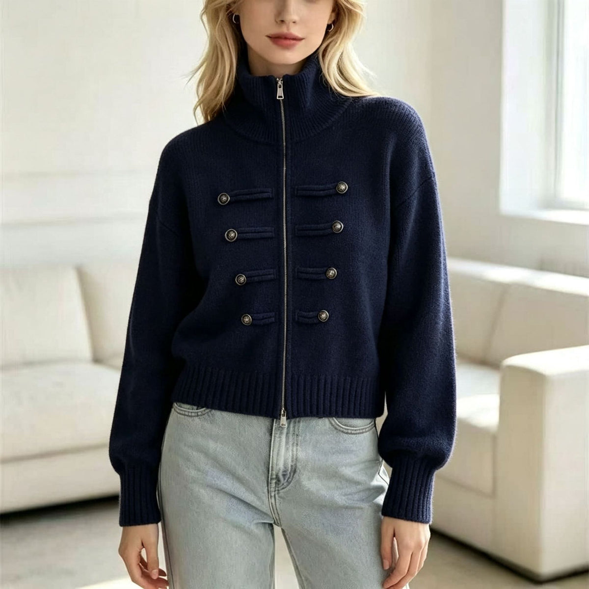 Stand Collar Double Zipper Short Length Long Sleeve Knit Women Sweater Thickened Short Jacket
