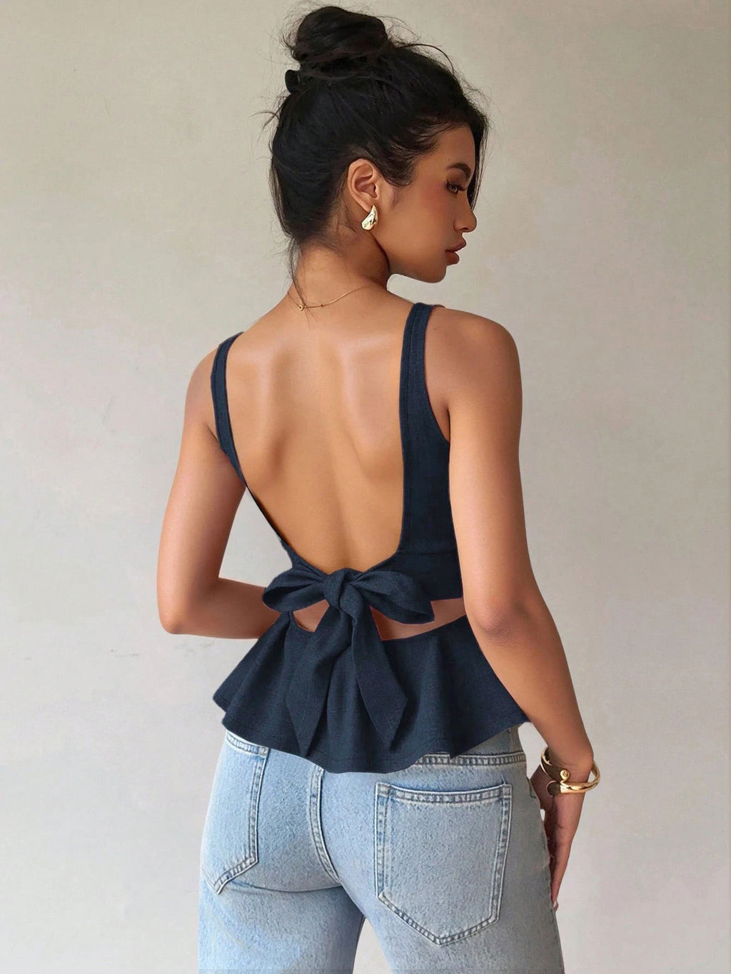 Sleeveless Fitted Top for Women with Ruffle Hem, Backless Bow Tie, Office Casual Versatile Style