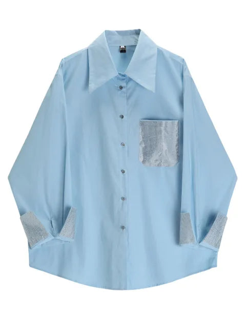Diamonds Spliced Design Blue Long Sleeve Blouse For Women Summer New Contrast Color Loose Fashion Shirt