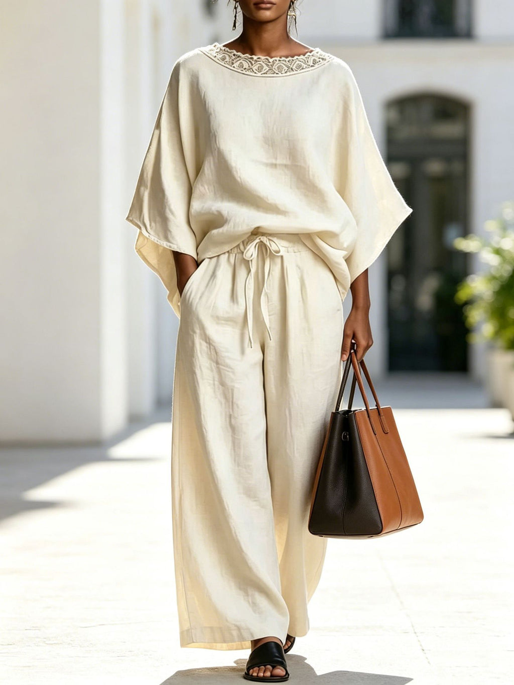 Fashion Casual Solid Color Lace Round Neck Loose Short Sleeve Pants Two-Piece Set