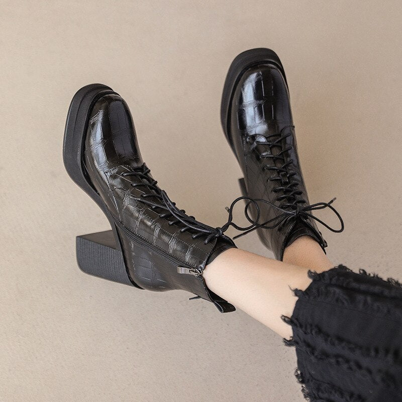 Women Ankle Boots Retro Fashion Office Ladies Chunk Platforms Thick High Heels Genuine Leather Shoes Autumn Winter