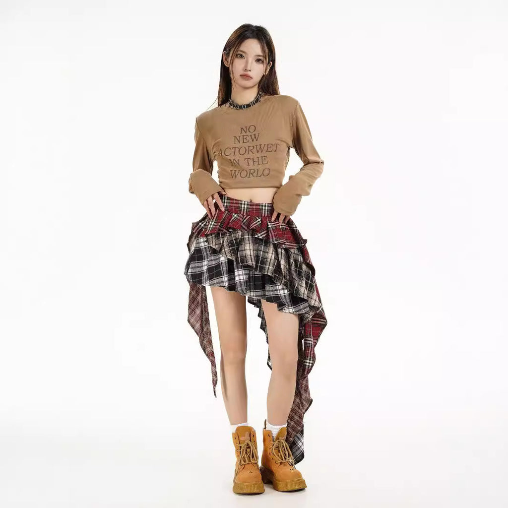 Patchwork skirt for women, autumn design sense, spicy girl style, fashionable irregular short skirt