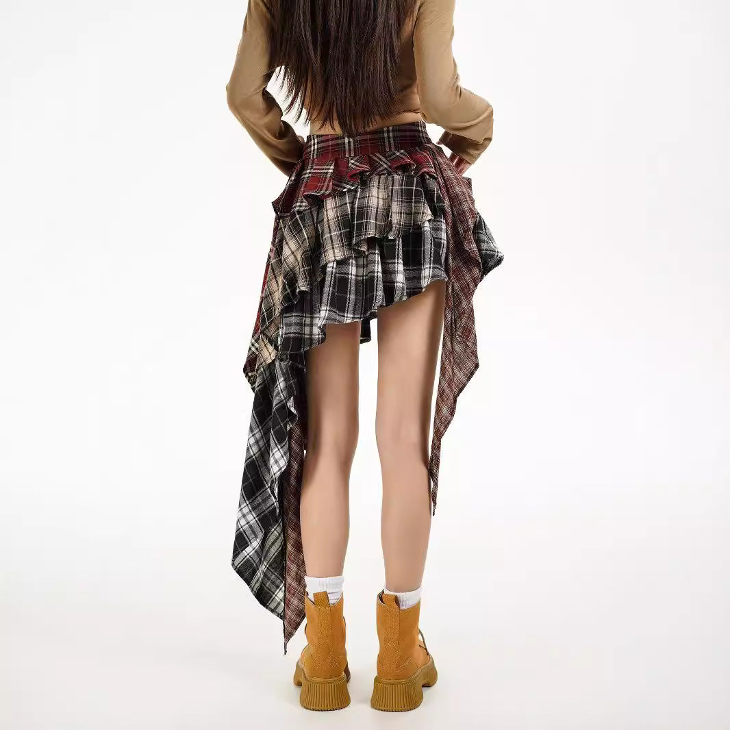 Patchwork skirt for women, autumn design sense, spicy girl style, fashionable irregular short skirt