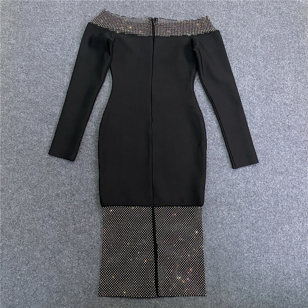 Evening dress with rhinestones, long sleeves, and an off-the-shoulder neckline.