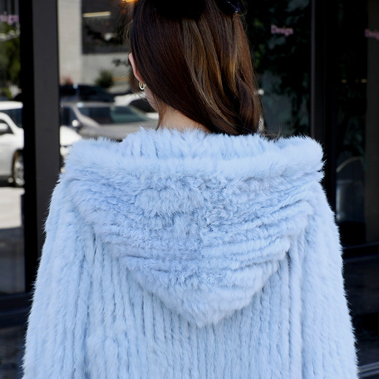 Autumn Winter Women Real Rabbit Fur Coat 100% Natural Fur Jacket Loose Manual Weave Quality Streetwear Hooded Flare Sleeves New