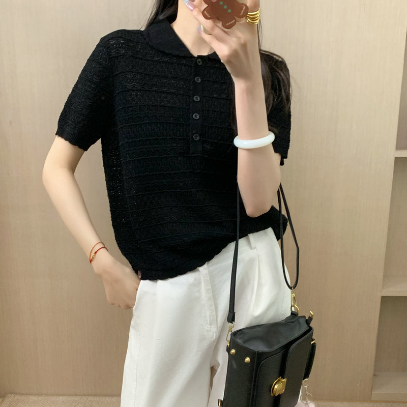 Knit Short Sleeve T-Shirt Silk Wool Polo Collar Hollow Out Casual Top