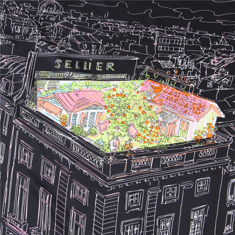 Twill silk square scarf  high-rise street view print fashionable scarf
