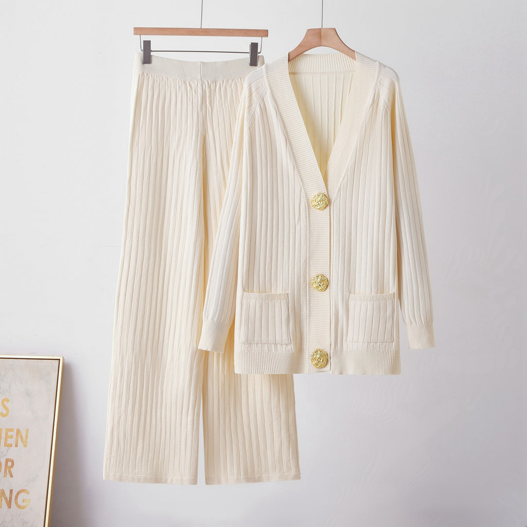 Metal button cardigan sweater wide leg pants set