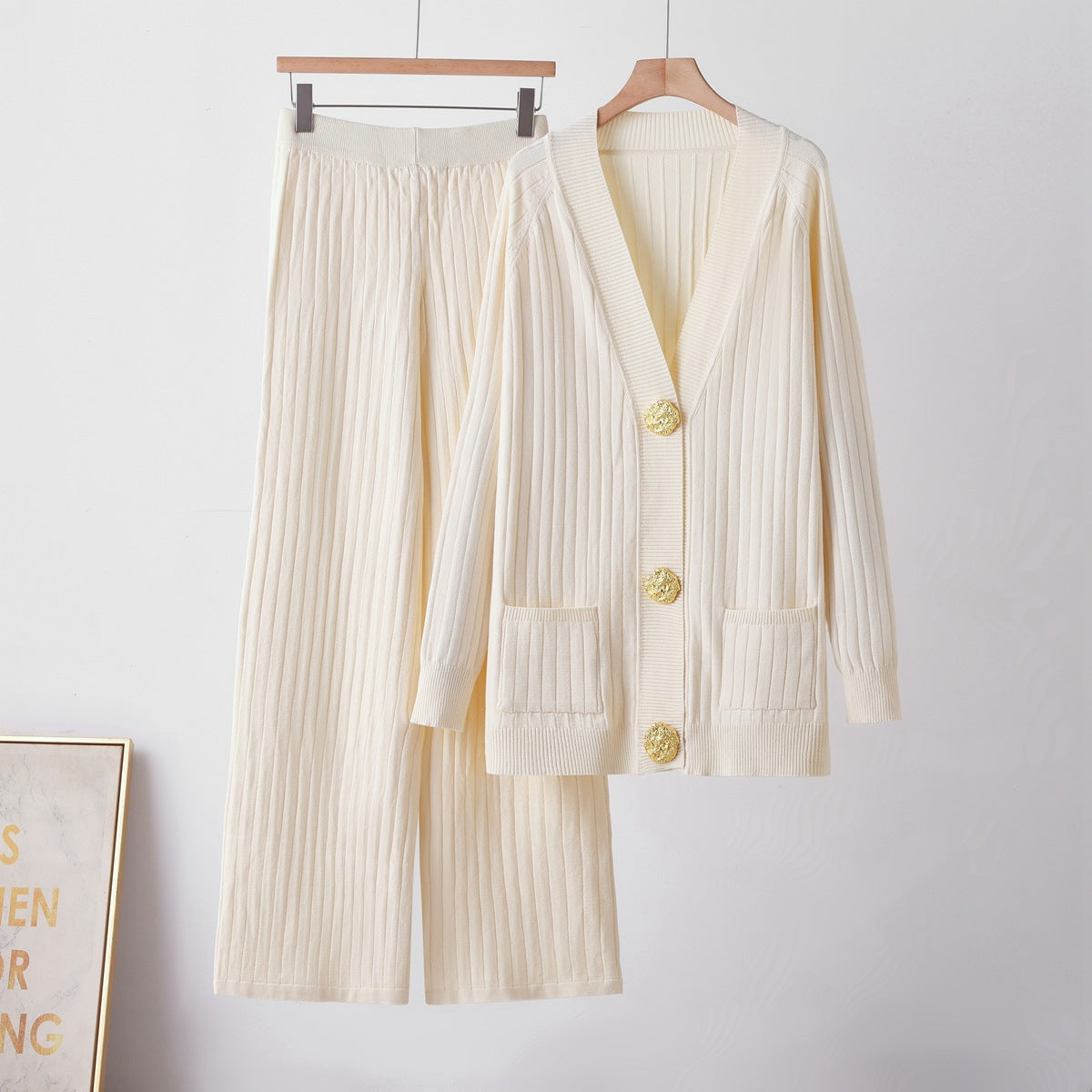Metal button cardigan sweater wide leg pants set