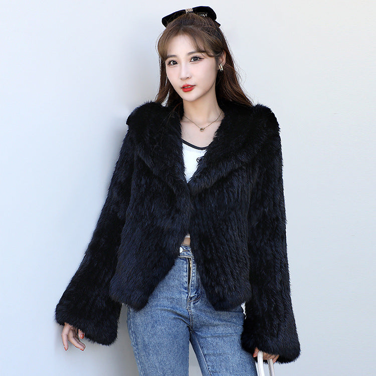 Autumn Winter Women Real Rabbit Fur Coat 100% Natural Fur Jacket Loose Manual Weave Quality Streetwear Hooded Flare Sleeves New