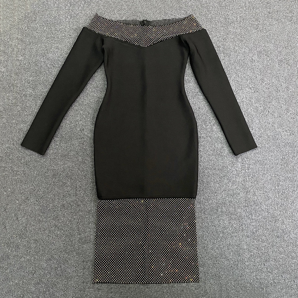 Evening dress with rhinestones, long sleeves, and an off-the-shoulder neckline.