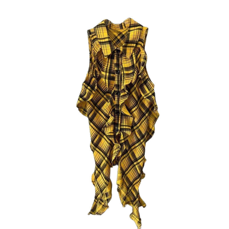 Fashionable spicy girl sleeveless yellow checkered shirt with single breasted irregular design personalized top for women