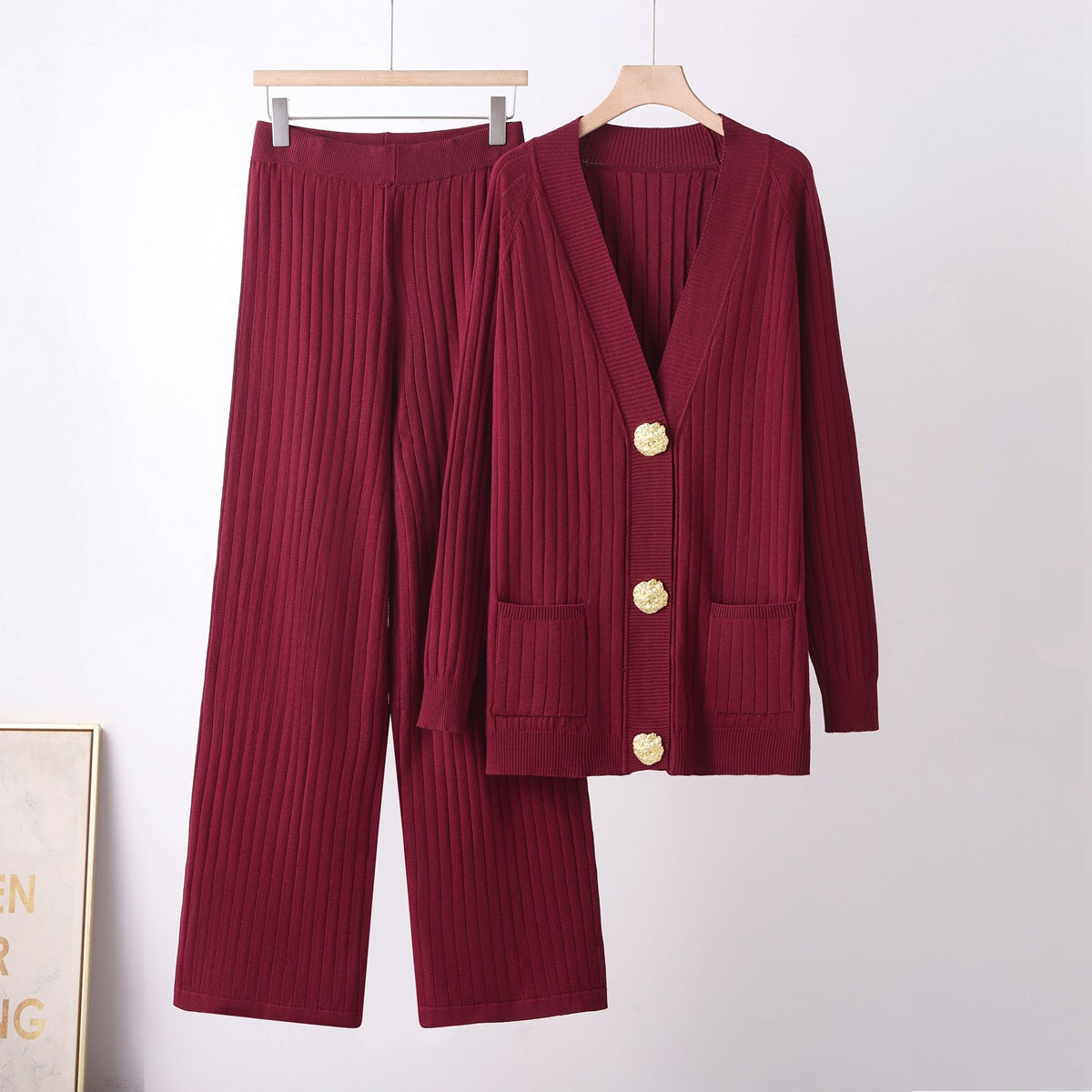 Metal button cardigan sweater wide leg pants set