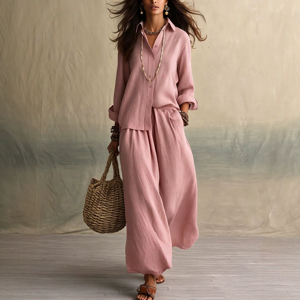 Summer High-End Shirt Collar Outfit Loose Cotton Linen Women's Set
