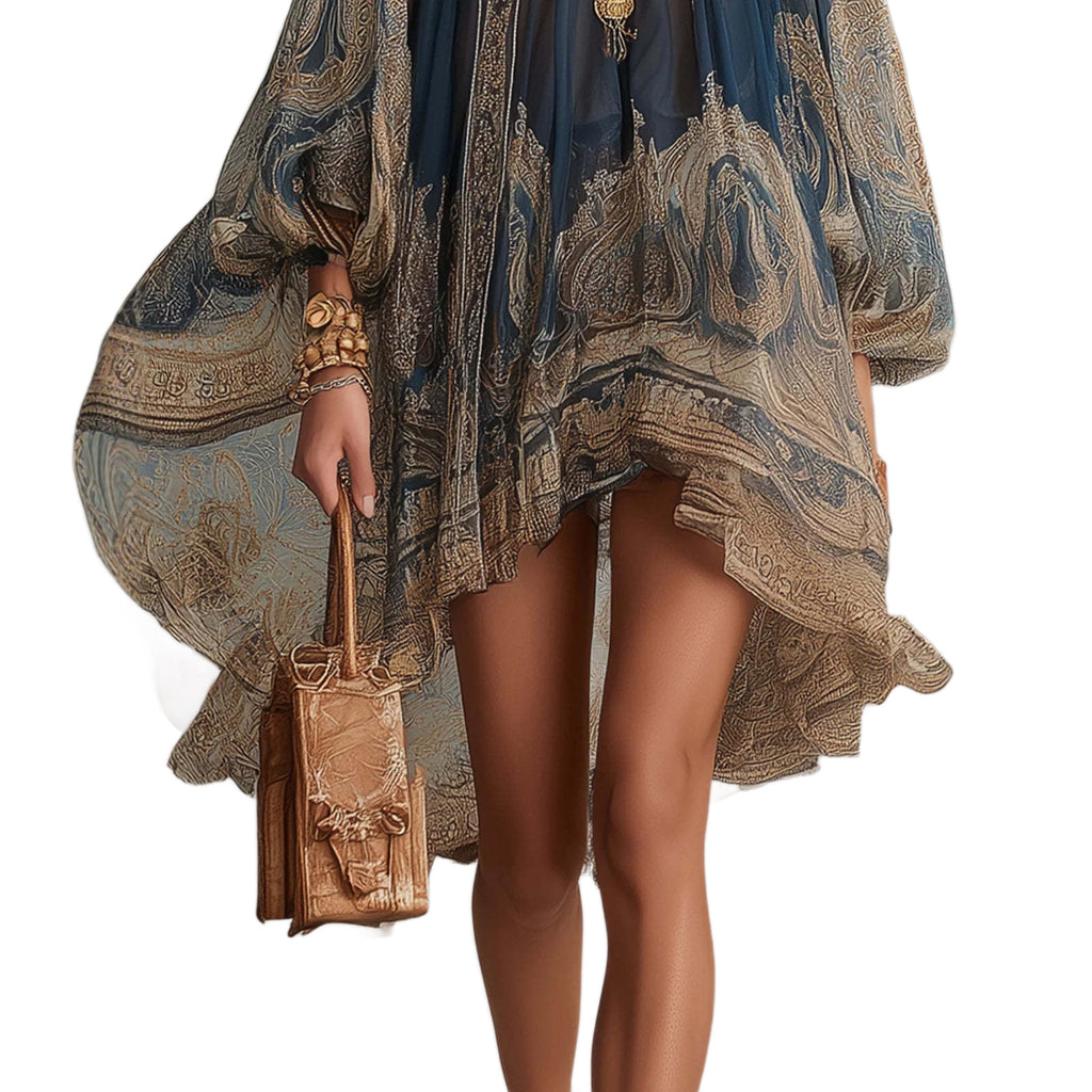 Printed Long Sleeve High Neck Loose Dress