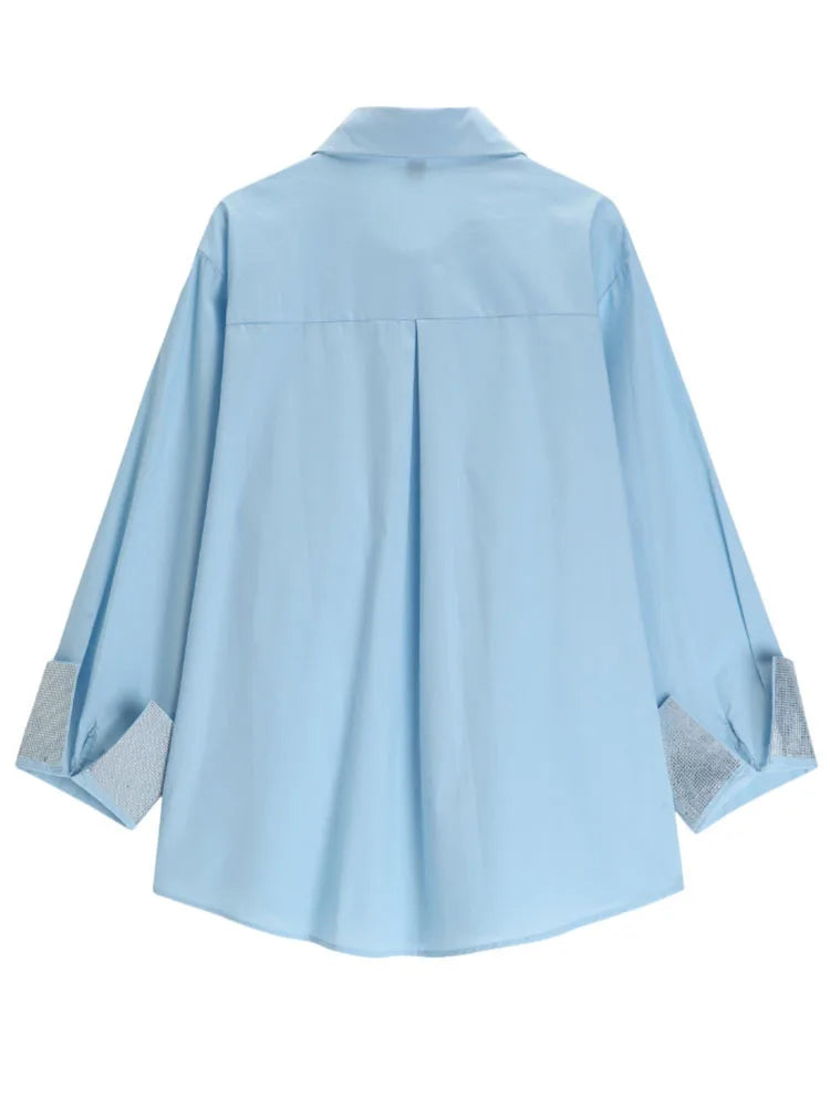 Diamonds Spliced Design Blue Long Sleeve Blouse For Women Summer New Contrast Color Loose Fashion Shirt
