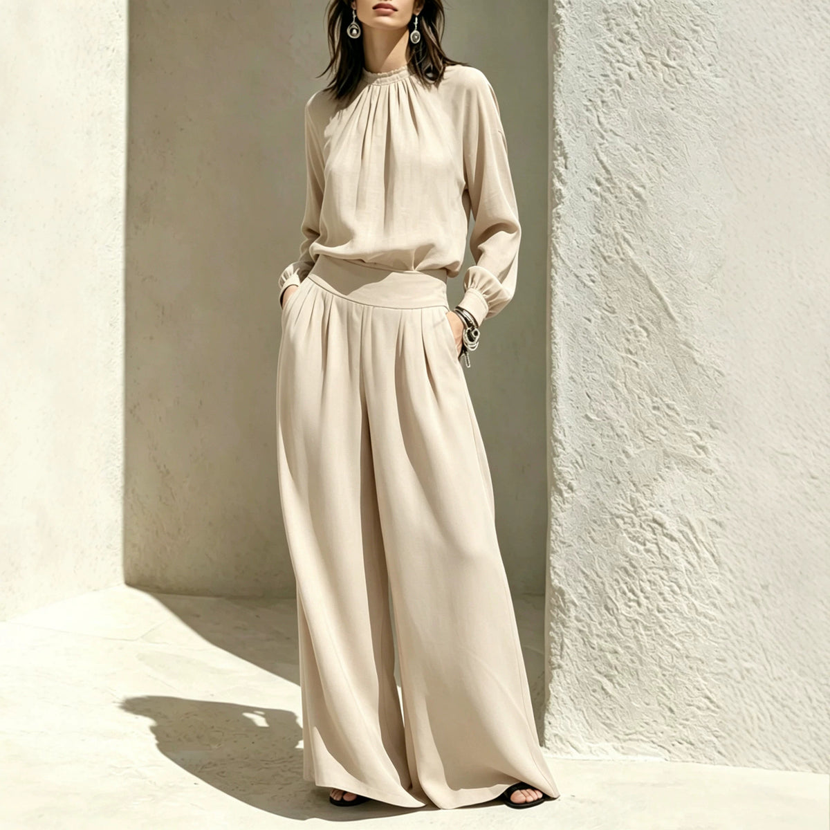 Casual Solid Color Long Sleeve Stand-up Collar Loose Fit Women's Fashion Set BlouseWide-leg Pants