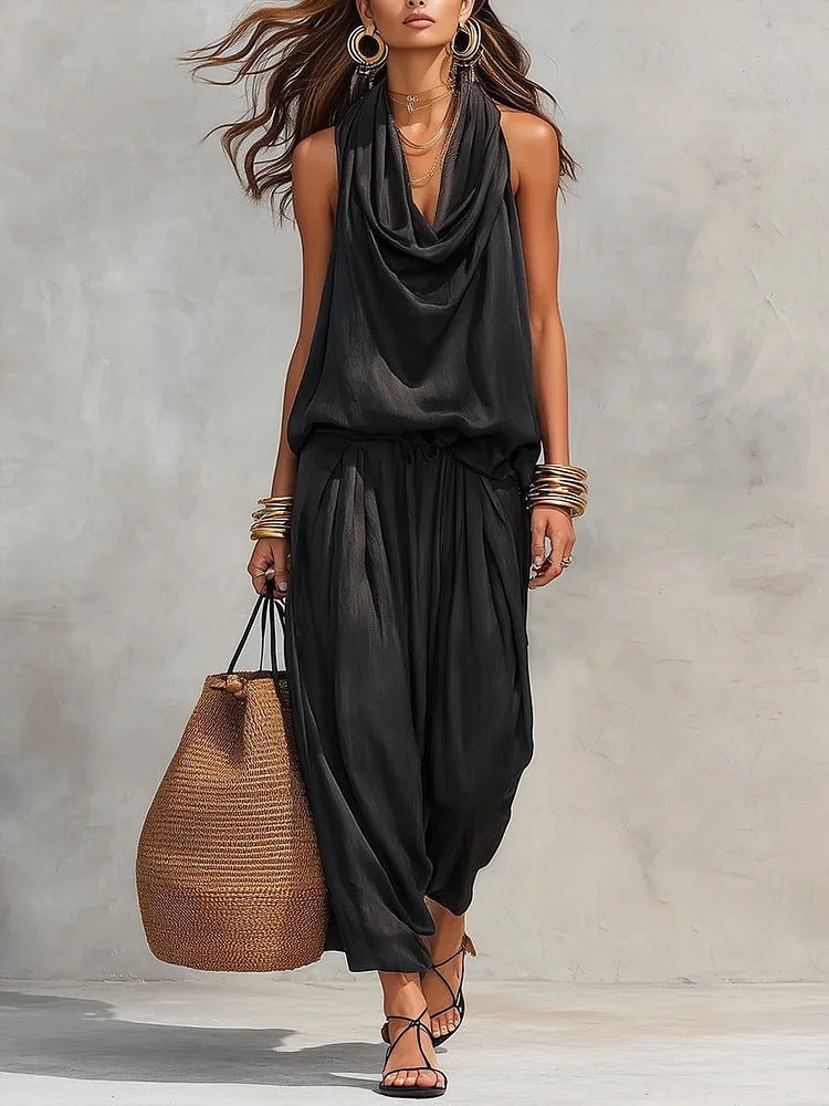 Elegant Office Wear Set for Women with Pleated Collar Top and Casual Pants Set