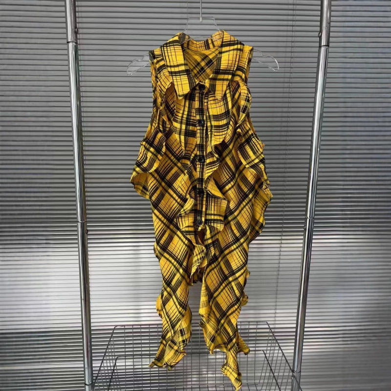 Fashionable spicy girl sleeveless yellow checkered shirt with single breasted irregular design personalized top for women