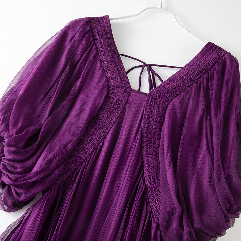 Babier Women's Silk Dress Summer New Style Mulberry Silk Elegant Purple Beach Long Dress