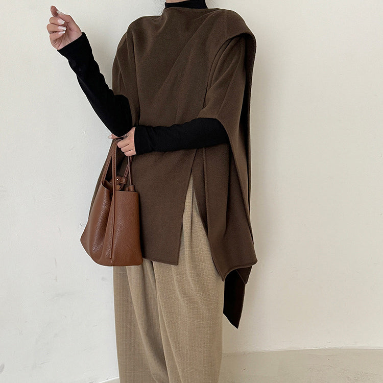 Women's woolen overcoat with a simple style and a sense of high class featuring a top cloak and shawl