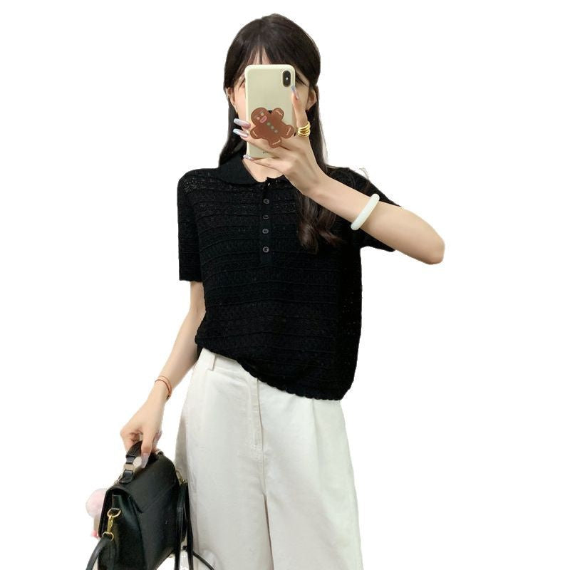 Knit Short Sleeve T-Shirt Silk Wool Polo Collar Hollow Out Casual Top
