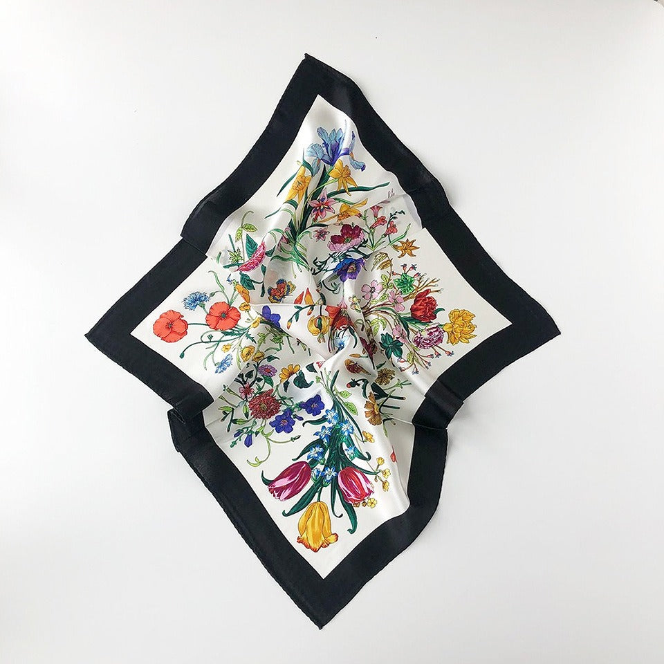 Silk satin small scarf, fashionable and versatile floral small scarf
