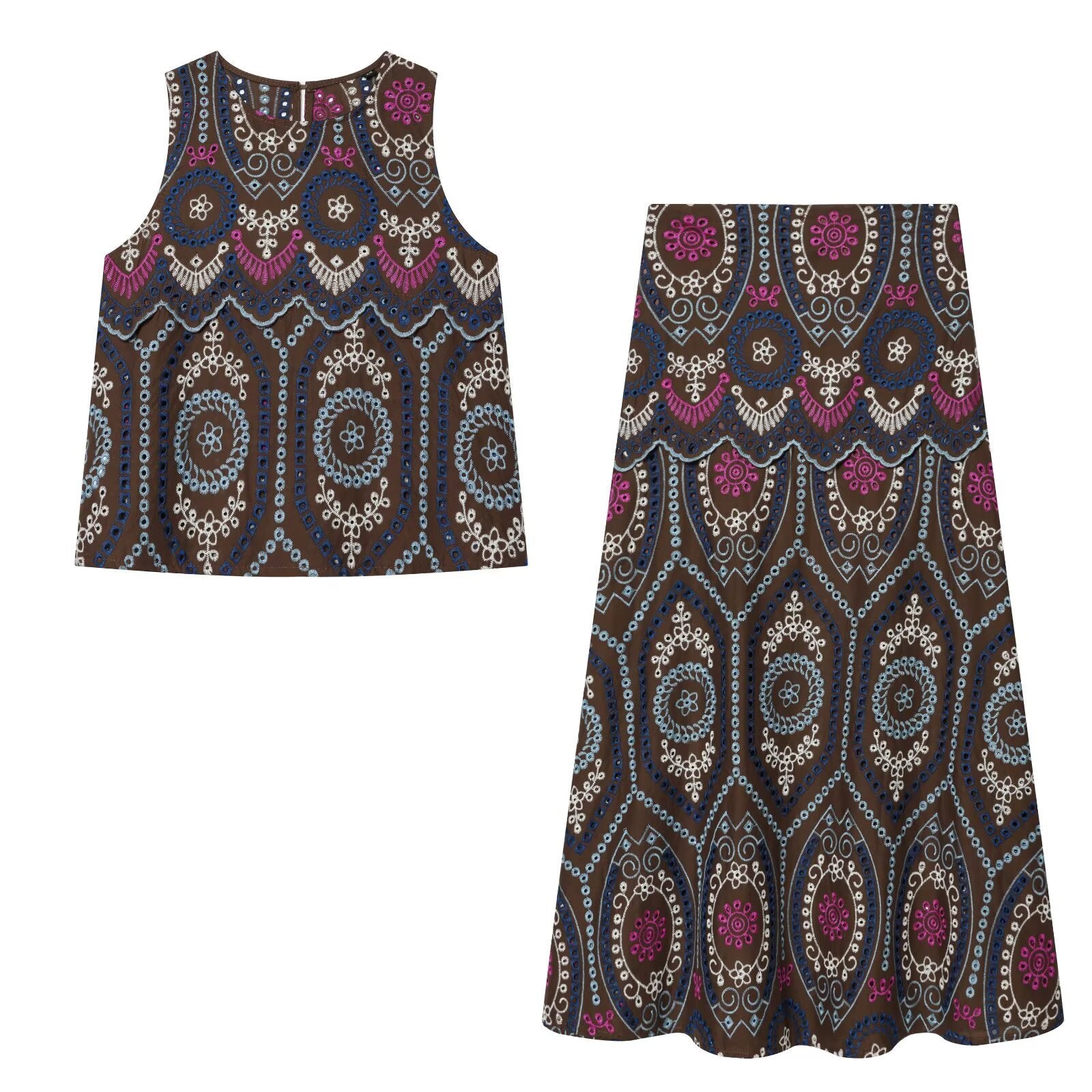 Hollow embroidery top+MIDI skirt set