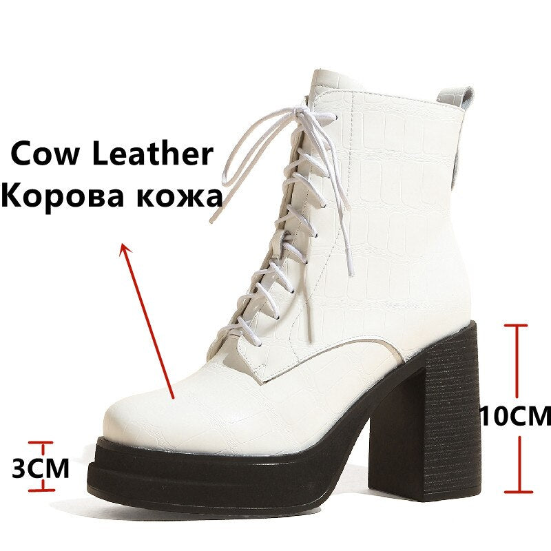 Women Ankle Boots Retro Fashion Office Ladies Chunk Platforms Thick High Heels Genuine Leather Shoes Autumn Winter