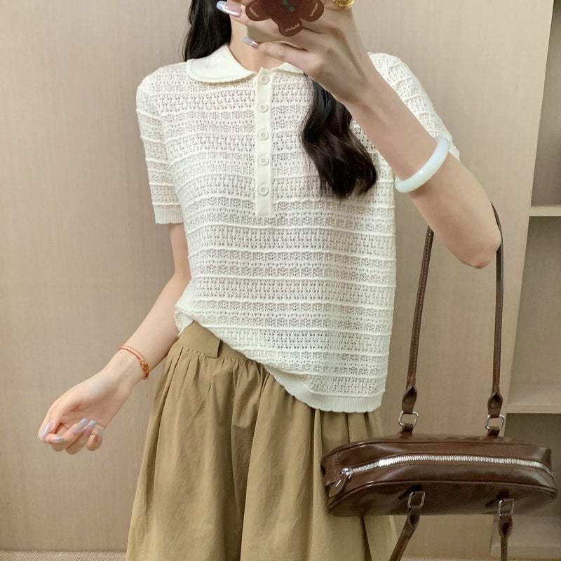 Knit Short Sleeve T-Shirt Silk Wool Polo Collar Hollow Out Casual Top