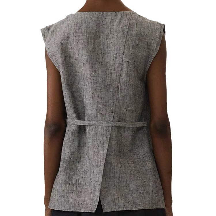 Women's summer and autumn minimalist style camisole vest high-end solid color pleated lace-up design inner top