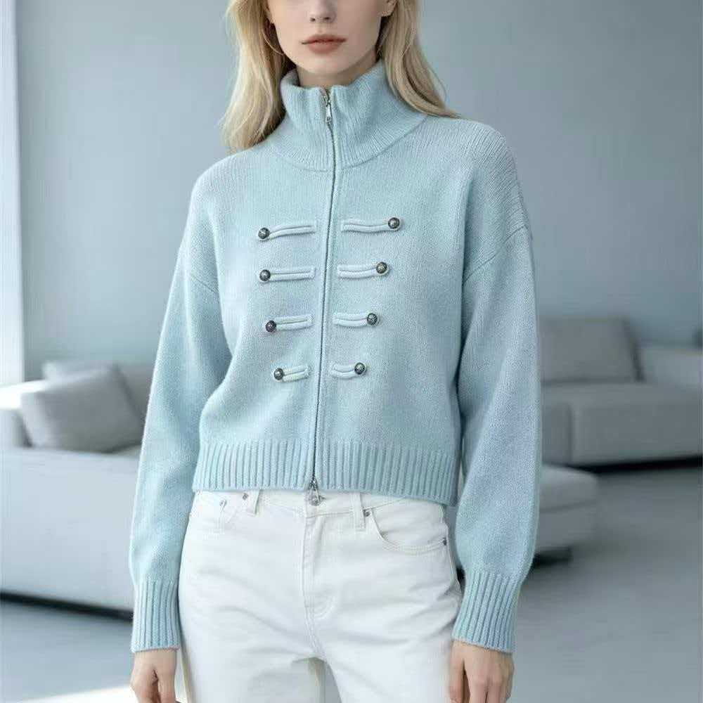 Stand Collar Double Zipper Short Length Long Sleeve Knit Women Sweater Thickened Short Jacket