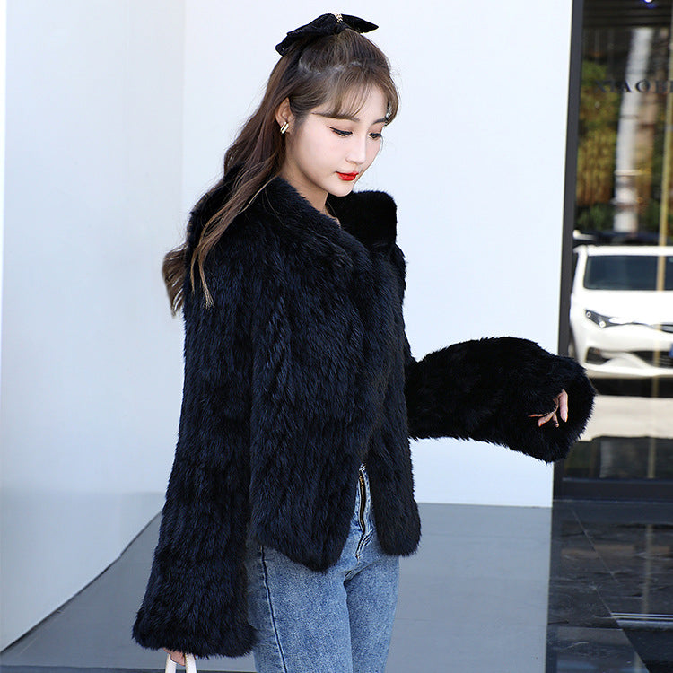 Autumn Winter Women Real Rabbit Fur Coat 100% Natural Fur Jacket Loose Manual Weave Quality Streetwear Hooded Flare Sleeves New