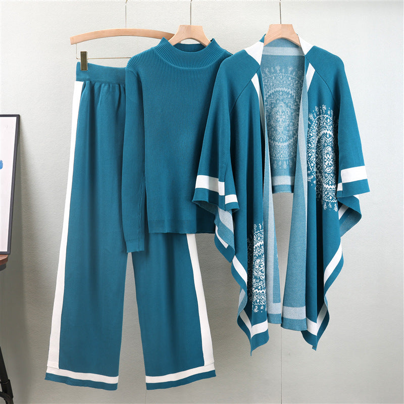 Autumn and winter classic knitted scarf, women's shawl dual-use shawl cape three piece set