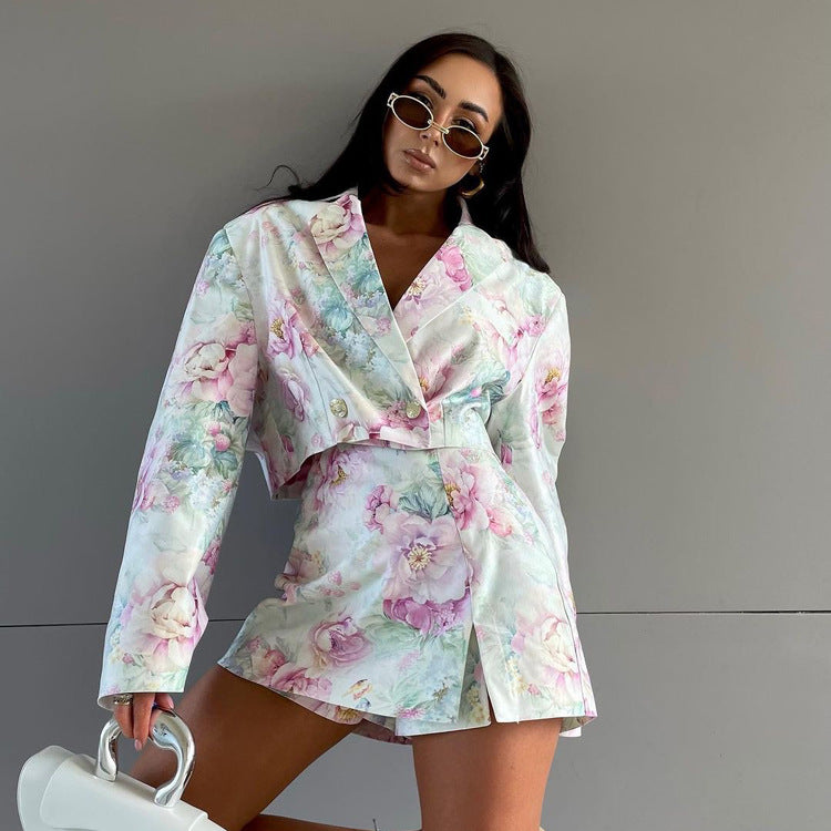 Loose suit skirt two-piece set long sleeved lapel top printed high waisted short skirt